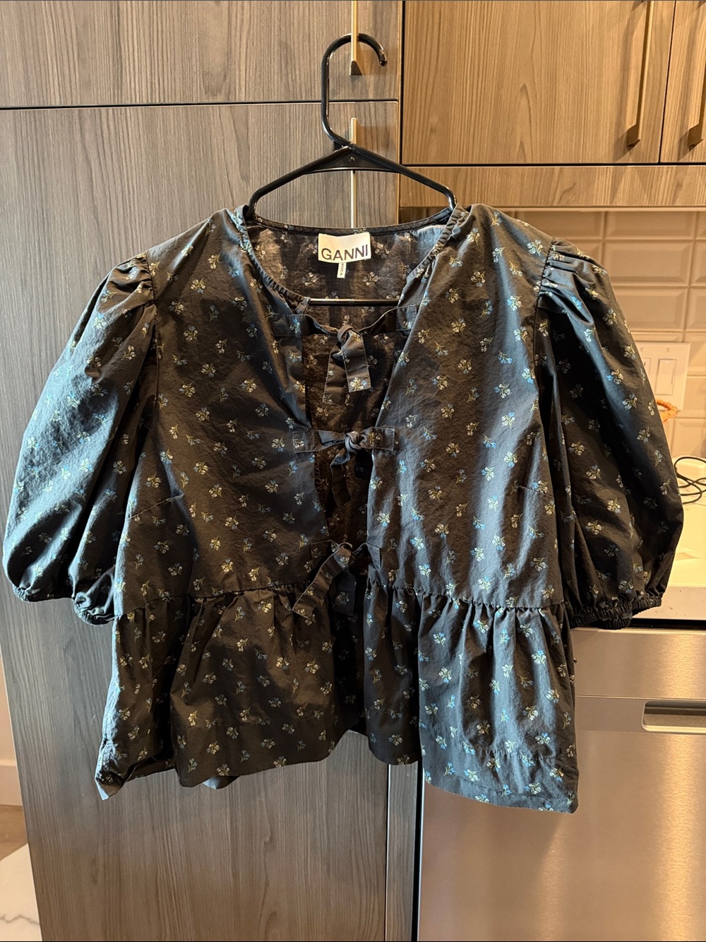 Ganni Black Puff-Sleeve Tie-Front Floral Blouse